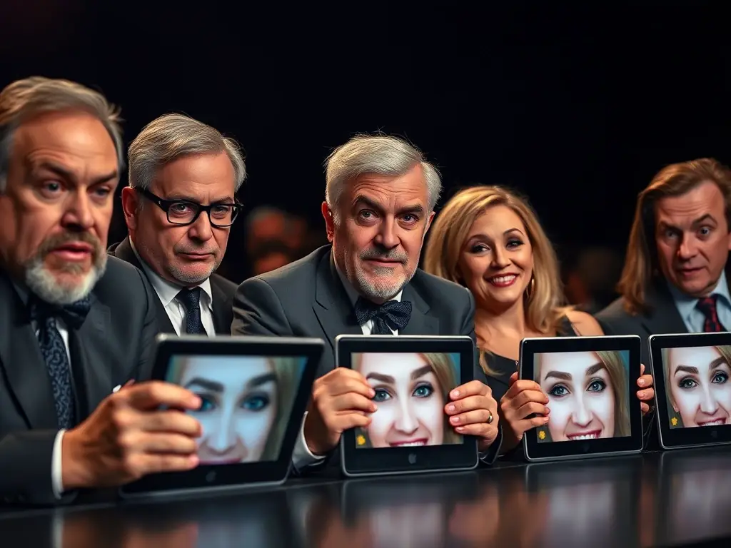 An image of a panel of judges, with exaggerated expressions of scrutiny and amusement, reviewing submitted eyebrow photos on tablets.