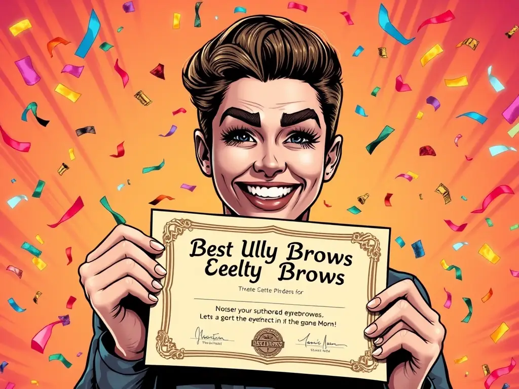 A celebratory image of a person with perfectly styled eyebrows, confetti falling around them, holding a certificate of 'Best Ugly Brows'.