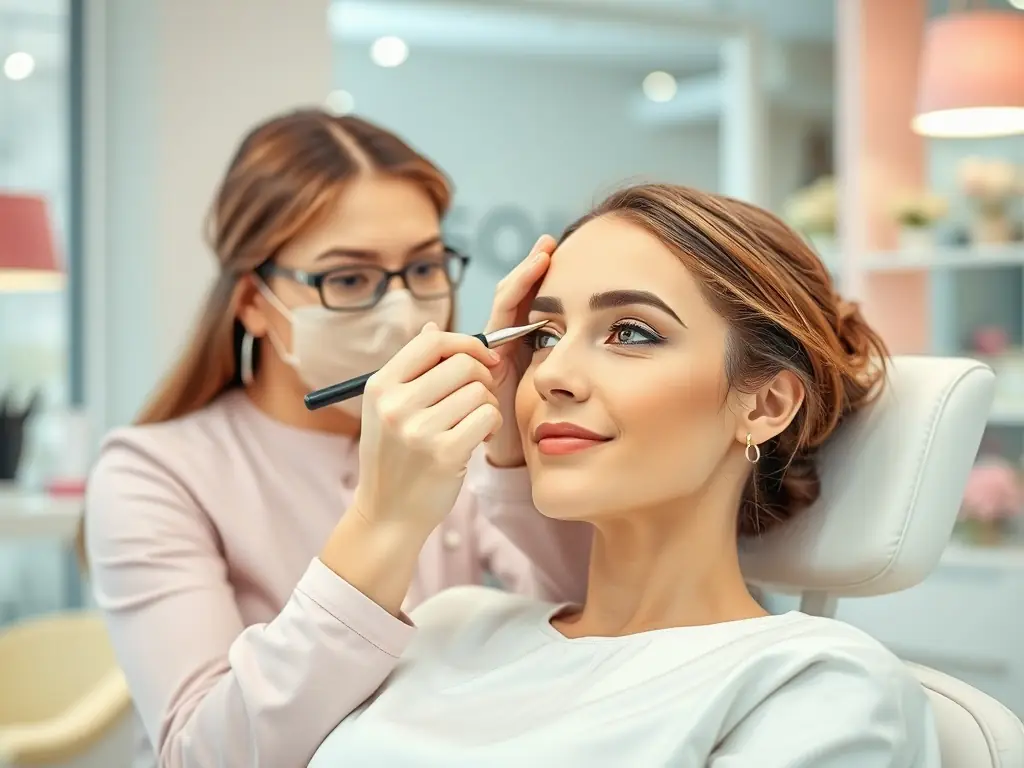 A high-end PMU studio interior with a client receiving a brow treatment, showcasing a clean and professional environment, symbolizing the quality and expertise associated with Ugly Brows partners.